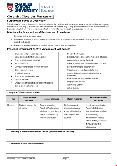 effective classroom management plan for teachers: tips from a mentor for preservice observation template