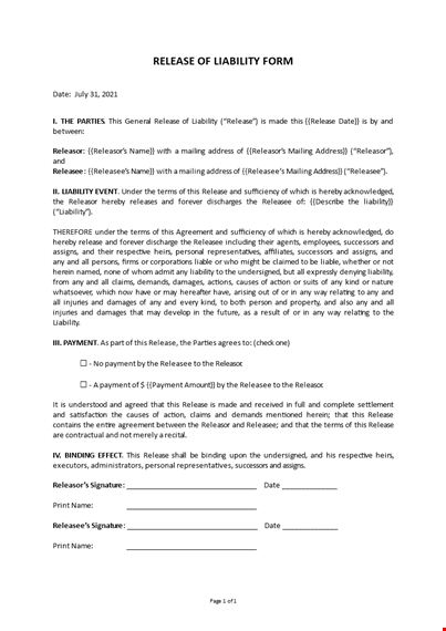 release of liability form template