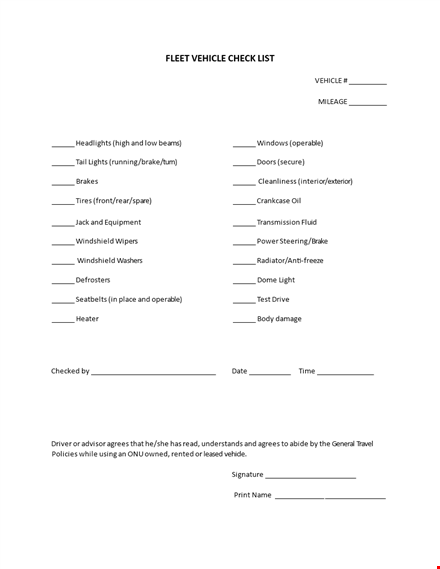 fleet vehicle checklist template | ensure vehicle agrees with windshield & is operable template