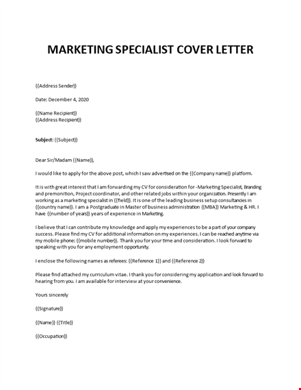 marketing specialist cover letter template