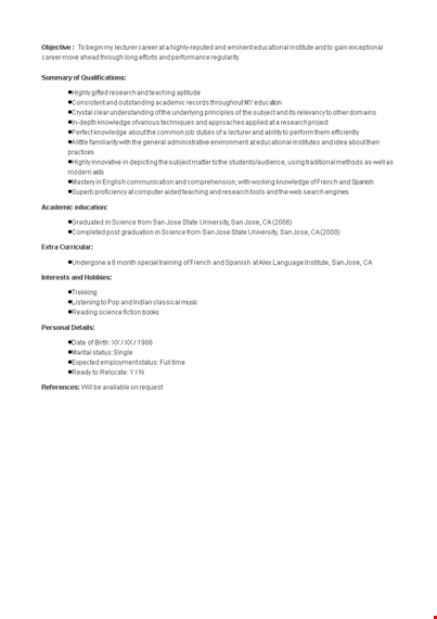 fresher lecturer job resume template