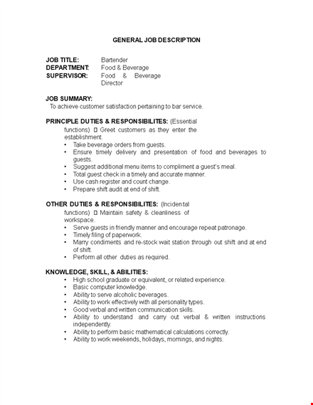 parttime bartender job description template