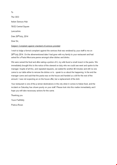 restaurant service complaint letter sample template