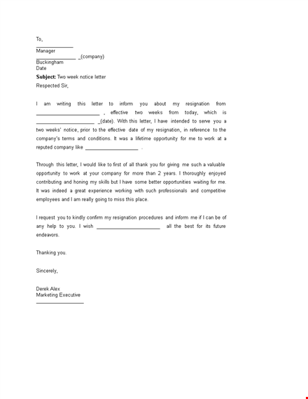 two weeks notice letter template