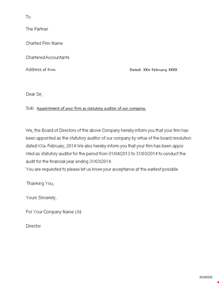 company auditor appointment letter template