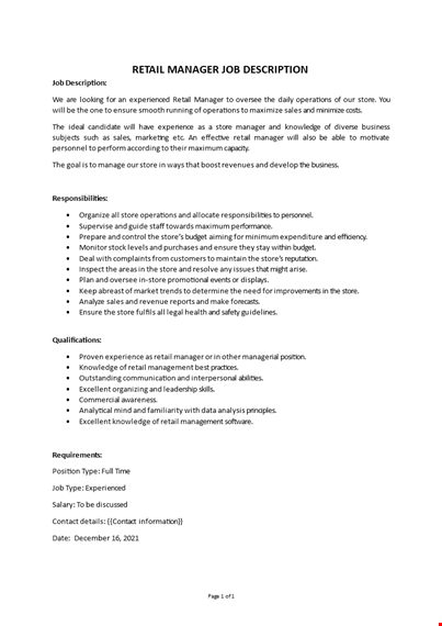 retail manager job description template