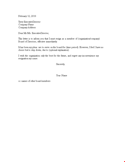 resignation letter from a volunteer board template