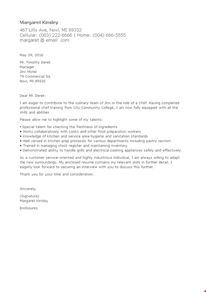 no experience chef job application letter template