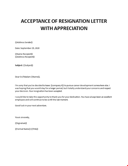 acceptance of resignation letter with appreciation template
