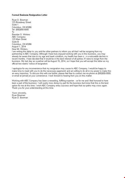 formal business resignation letter template