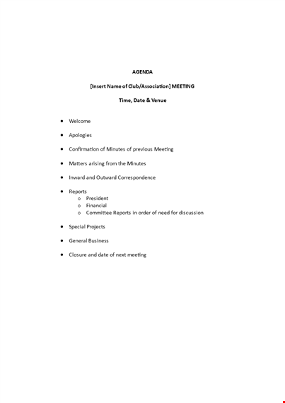 club meeting agenda outline template template