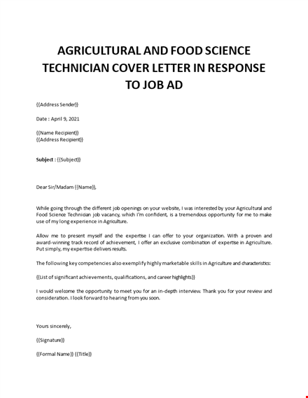 sample cover letter for agriculture internship template