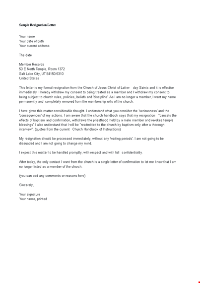 sample church resignation letter template