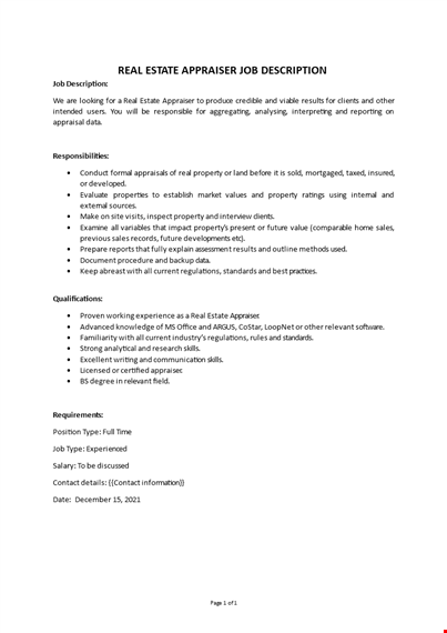 real estate appraiser job description template