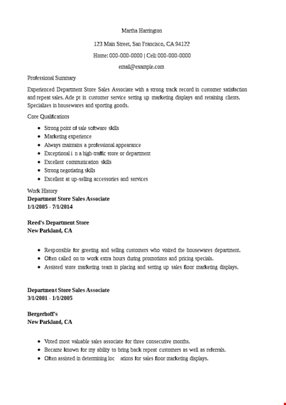 department sales associate resume template