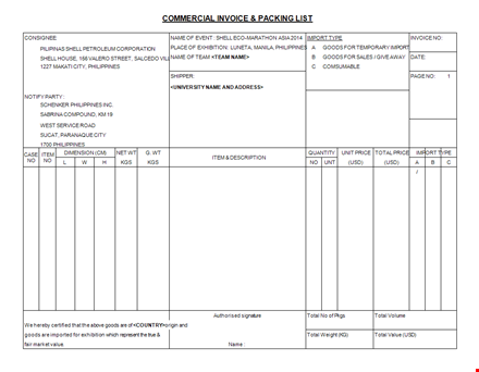 commercial invoice template including packing list template