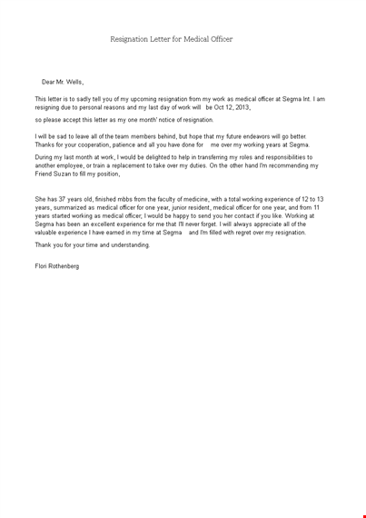 medical officer resignation letter template