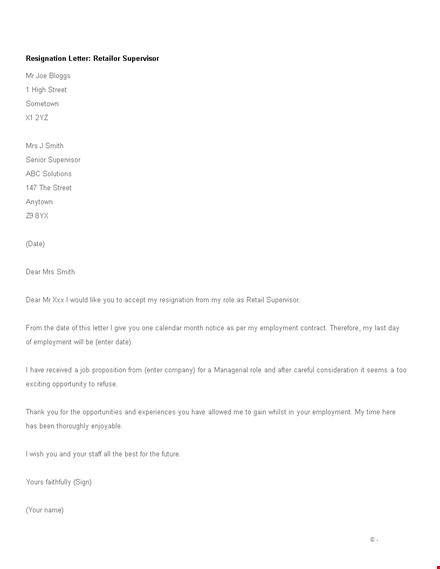 resignation letter for retail supervisor template