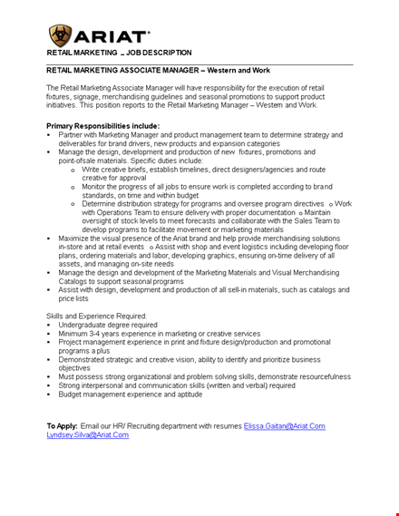 marketing retail job description template