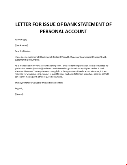 letter for issue of bank statement of personal account template