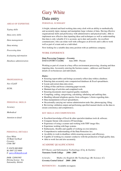 data entry clerk: resume, skills, accurate working entry template