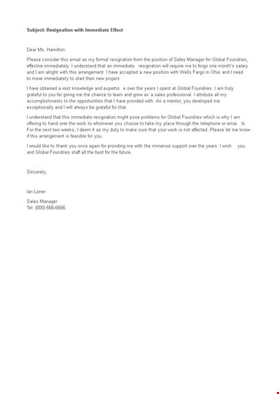 immediate resignation letter email template