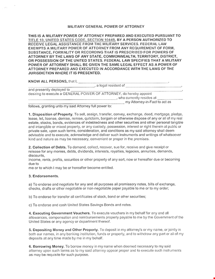 military general power of attorney | free form template template