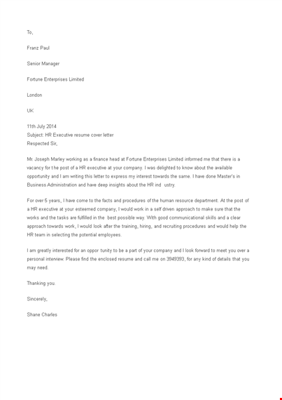 job application letter for hr executive template