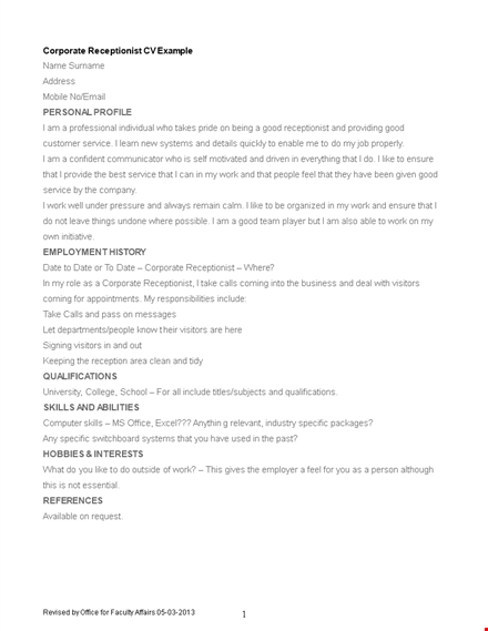 corporate receptionist curriculum vitae template