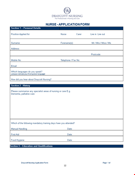 printable nursing job application template