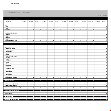 monthly sales income statement template for total operating income template