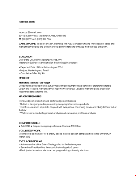 mba marketing internship resume template