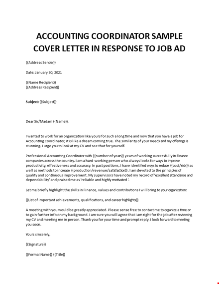 accounting coordinator assistant cover letter template