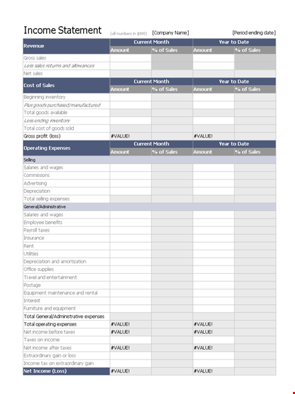 free income statement template - track total sales and income amount template