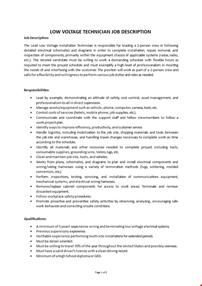 low voltage technician job description template