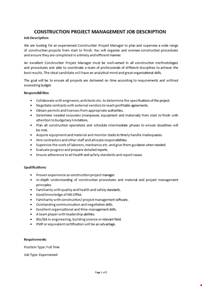 construction project management job description template