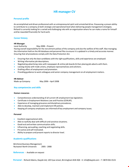 hr manager resume template | company | employment skills | dayjob template