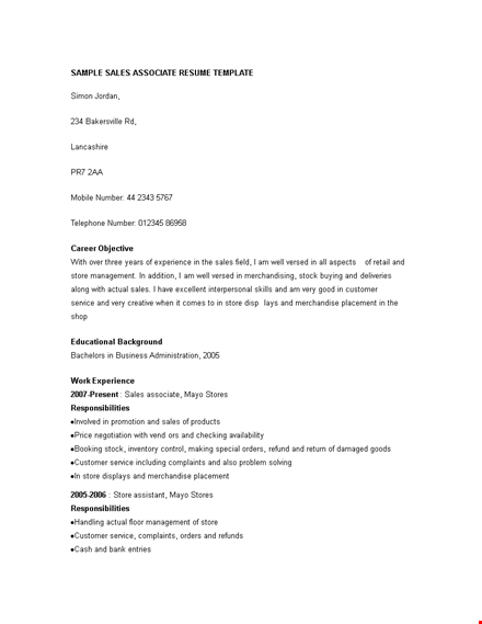 sales associate resume experience template