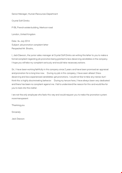 job promotion complaint letter template