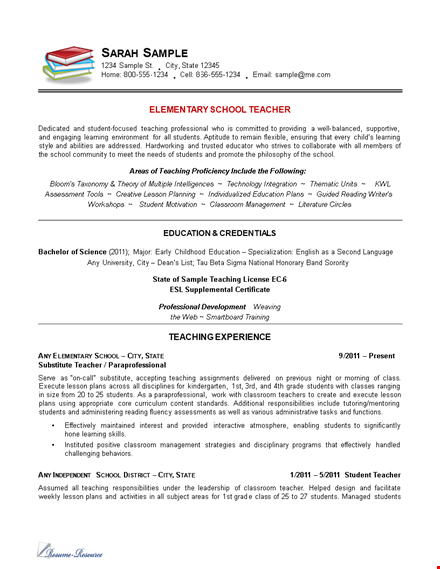 elementary teacher resume sample template