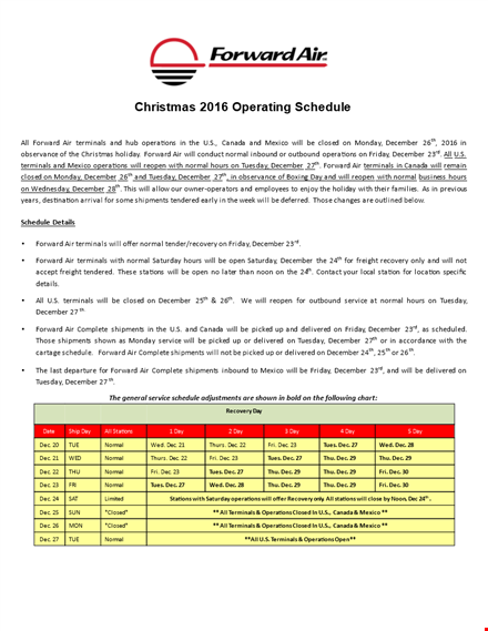 normal operating schedule for december and christmas holidays template