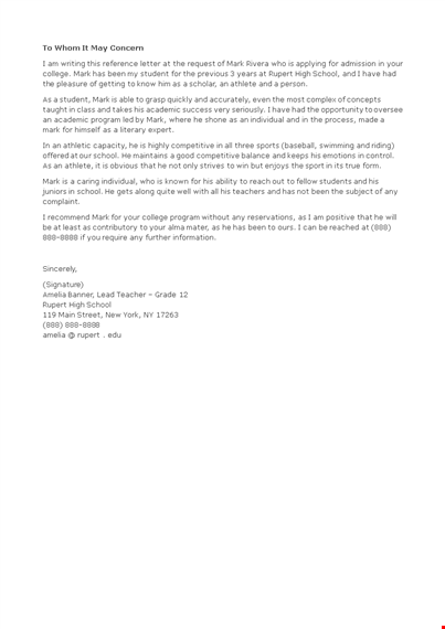 sample recommendation letter for high school student template