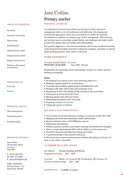 primary teacher resume template