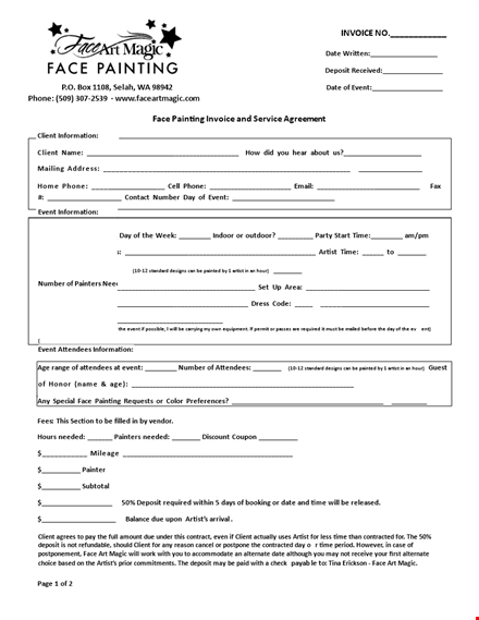 face painting invoice and service agreement template