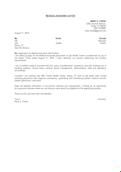 medical assistant job application letter template