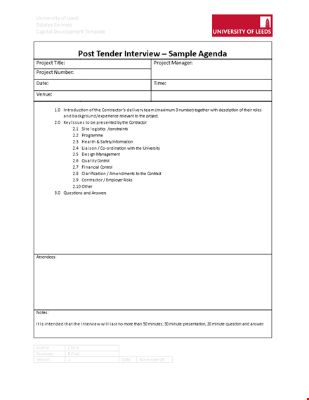 post tender interview agenda template template
