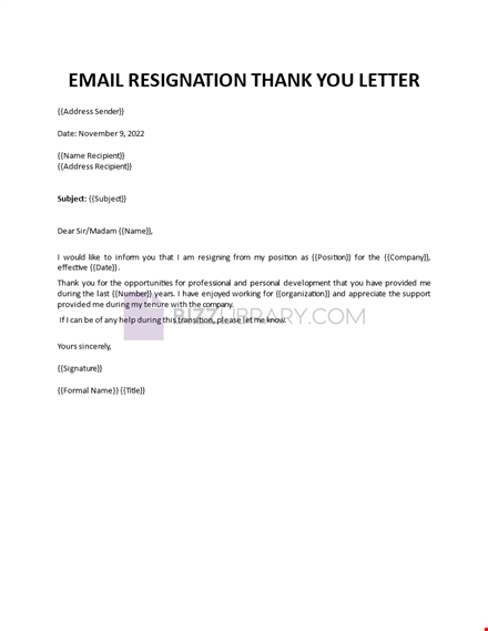 email resignation thank you letter template