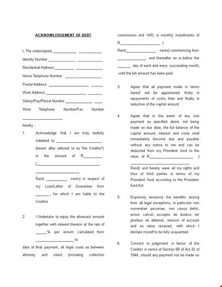 acknowledgement of debt template template