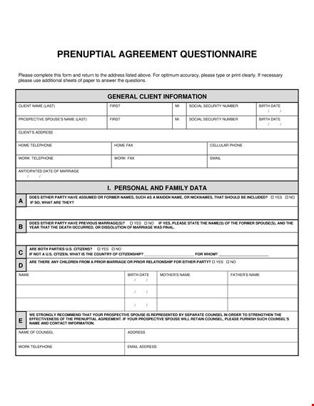 prenuptial agreement form template template