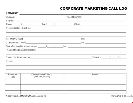 marketing corporate call log template in word template